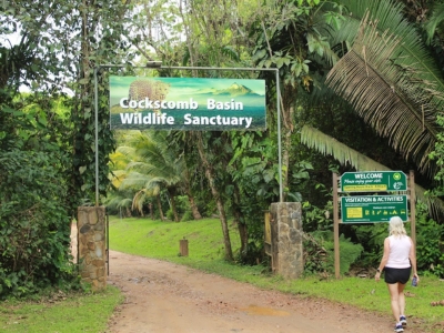 The entrance sign of the Cockscomb Basin Wildlife Sanctuary, the world’s first jaguar preserve, during a guided tour from Hopkins and Placencia, Belize.