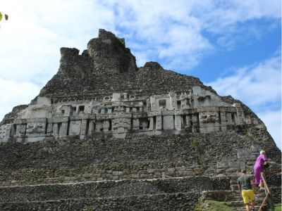 Climbing the El Castillo temple at Xunantunich Mayan Ruins in Belize